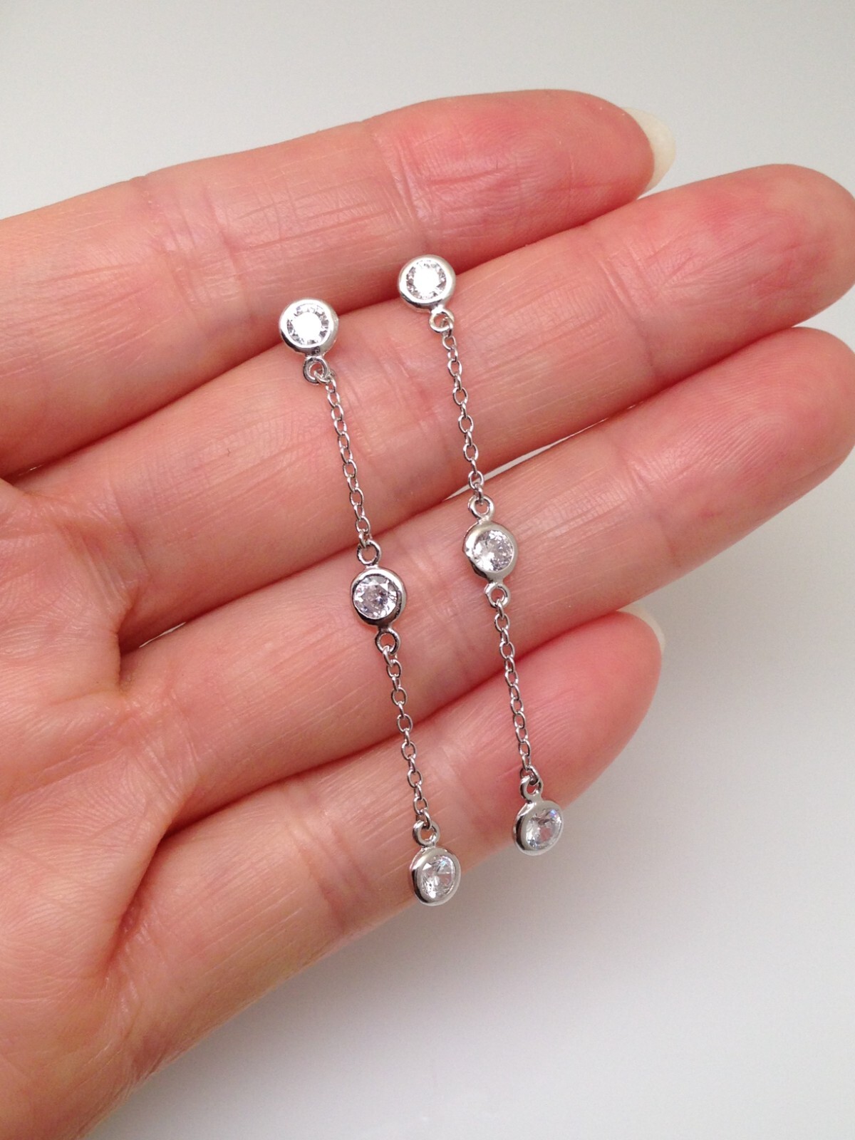 925 Sterling Silver CZ by the Yard Drop Earrings 3 Station Women 47mm x4mm 1.85″