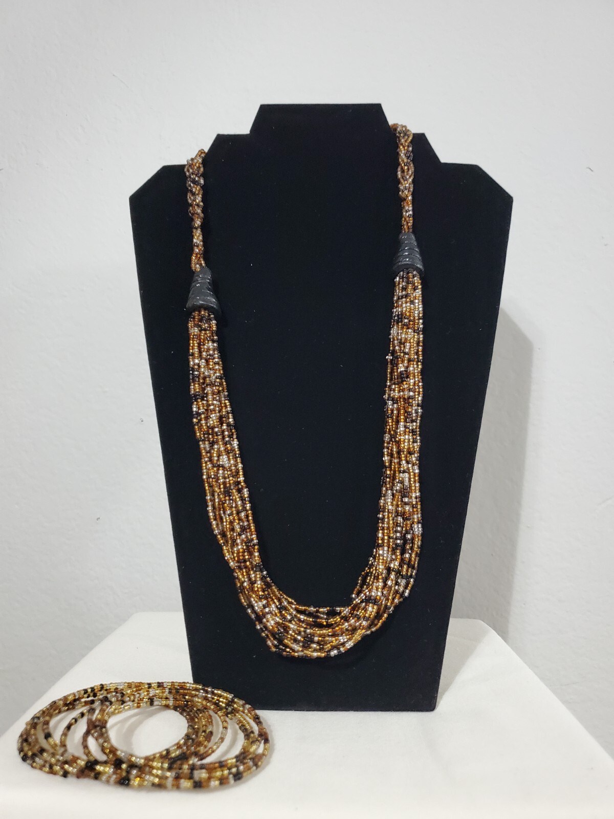 African Handmade Multi Layered Beaded Necklace With Matching Bracelet In Brown