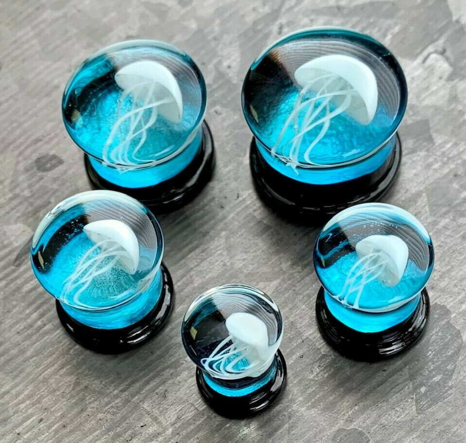PAIR Jellyfish Design Glass Double Flare Plugs Jelly Fish Gauges Body Jewelry