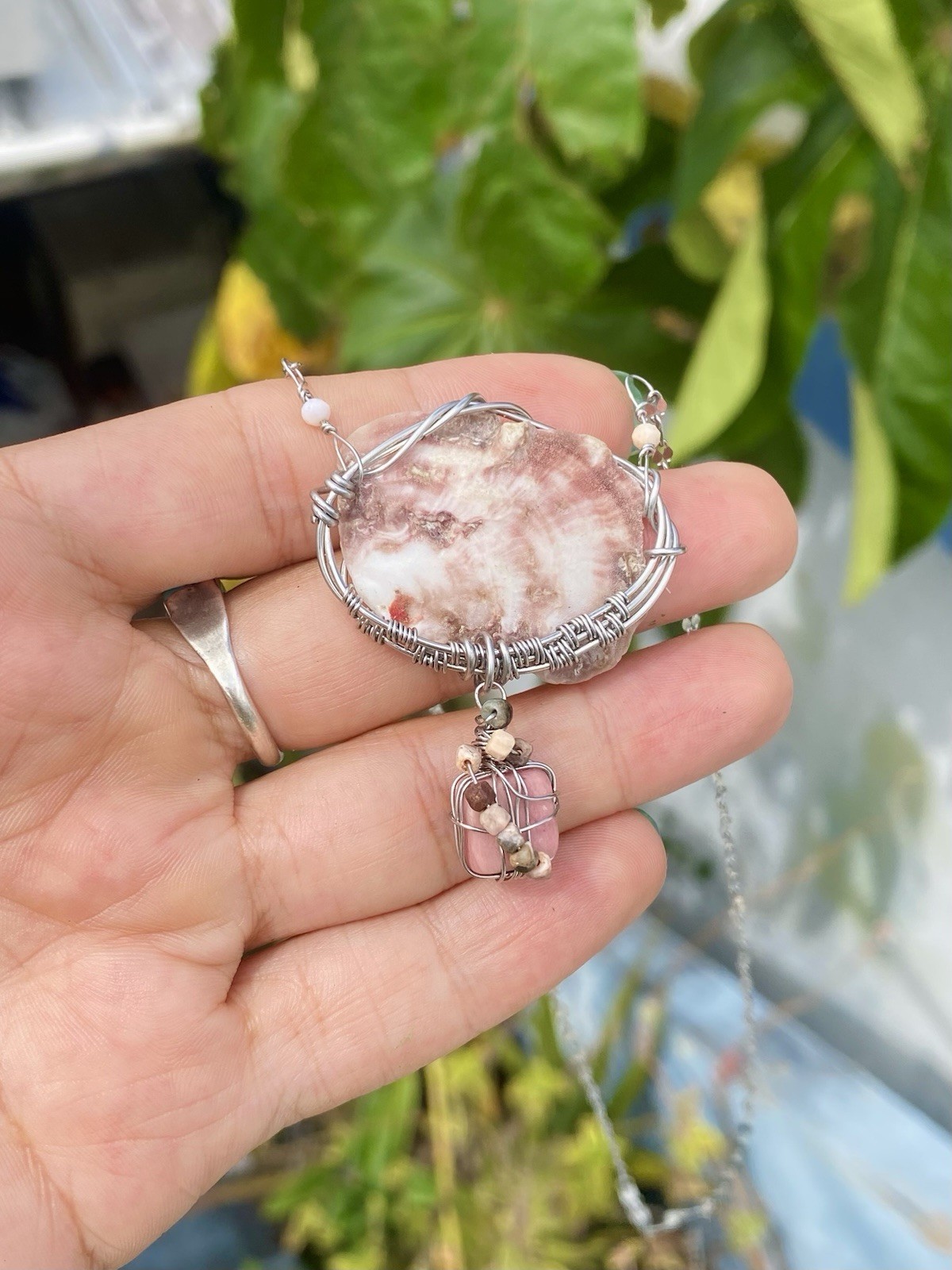 Handmade Aguadilla Seashell Necklace – Unakite & Jasper – Wire Wrapped Steel