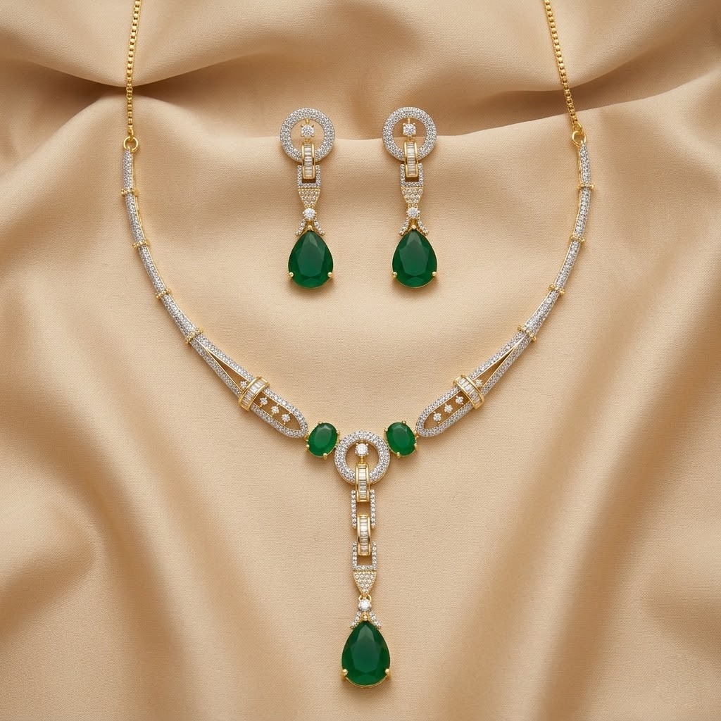 Emerald Green Crystal Pendant Necklace Earrings Set Gold Plated Bridal Jewelry