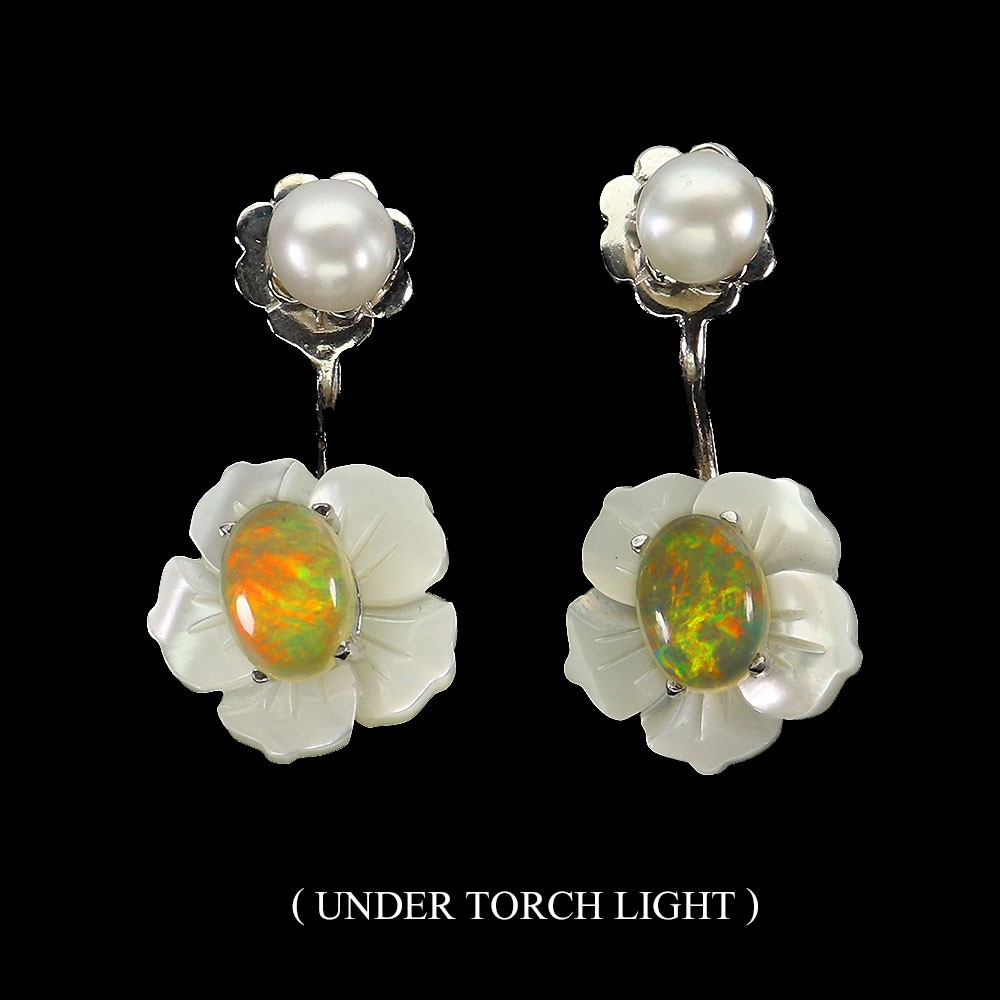 925 Sterling Silver Earrings Oval Fire Opal Mop Pearl Flower Gemstone Jewelry