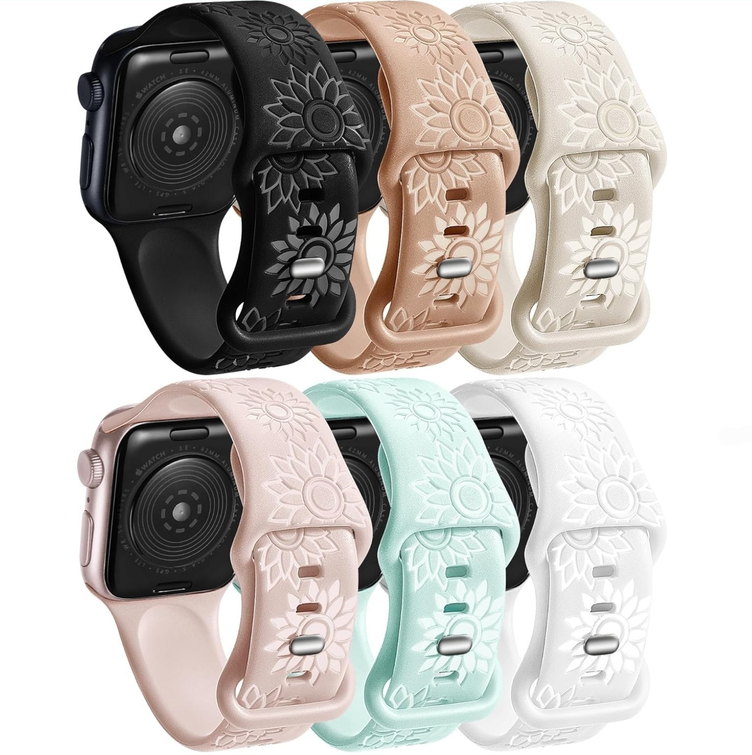  6 Pk Flower Engraved Bands Compatible All Apple Watch Band 38mm 40mm 41mm 42mm
