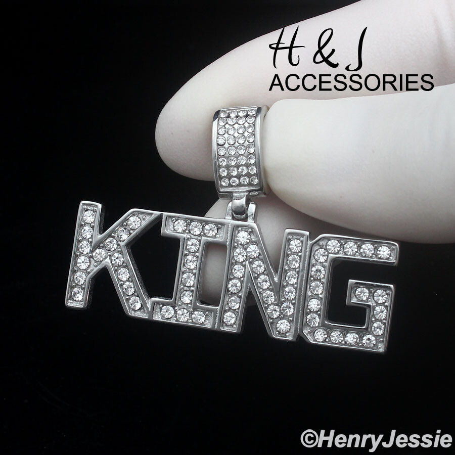 18″-36″MEN Stainless Steel 3mm Silver Box Chain ICY 3D King letter Pendant*AP148