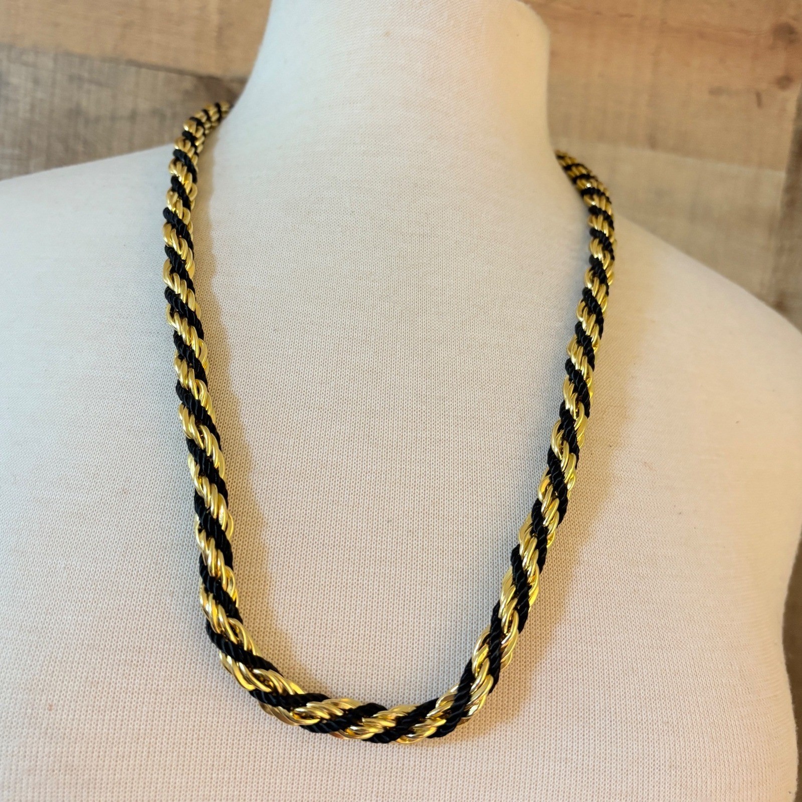 Vintage Gold Tone and Black Cord Twisted Rope Chain Necklace 28 Inch Statement