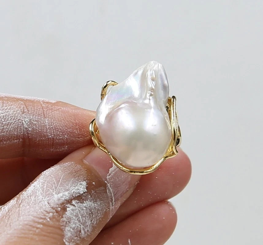 18.0×25.0 mm Classic Natural White baroque kasumi pearl ring adjustable
