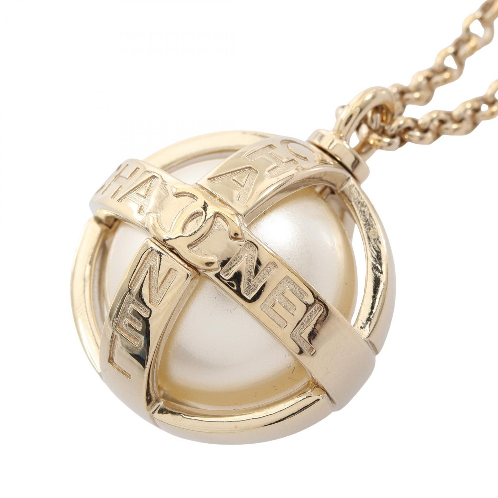 CHANEL COCO Mark logo Necklace Gold Plated Artificial pearl White Used Women CC