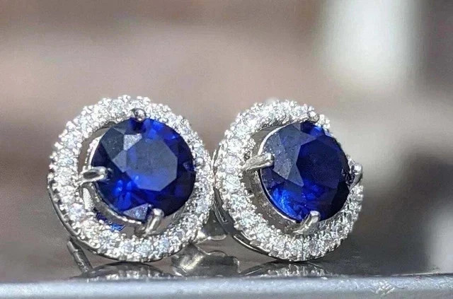 2Ct Round Lab Created Blue Sapphire Stud Earrings Womens 14K White Gold Plated