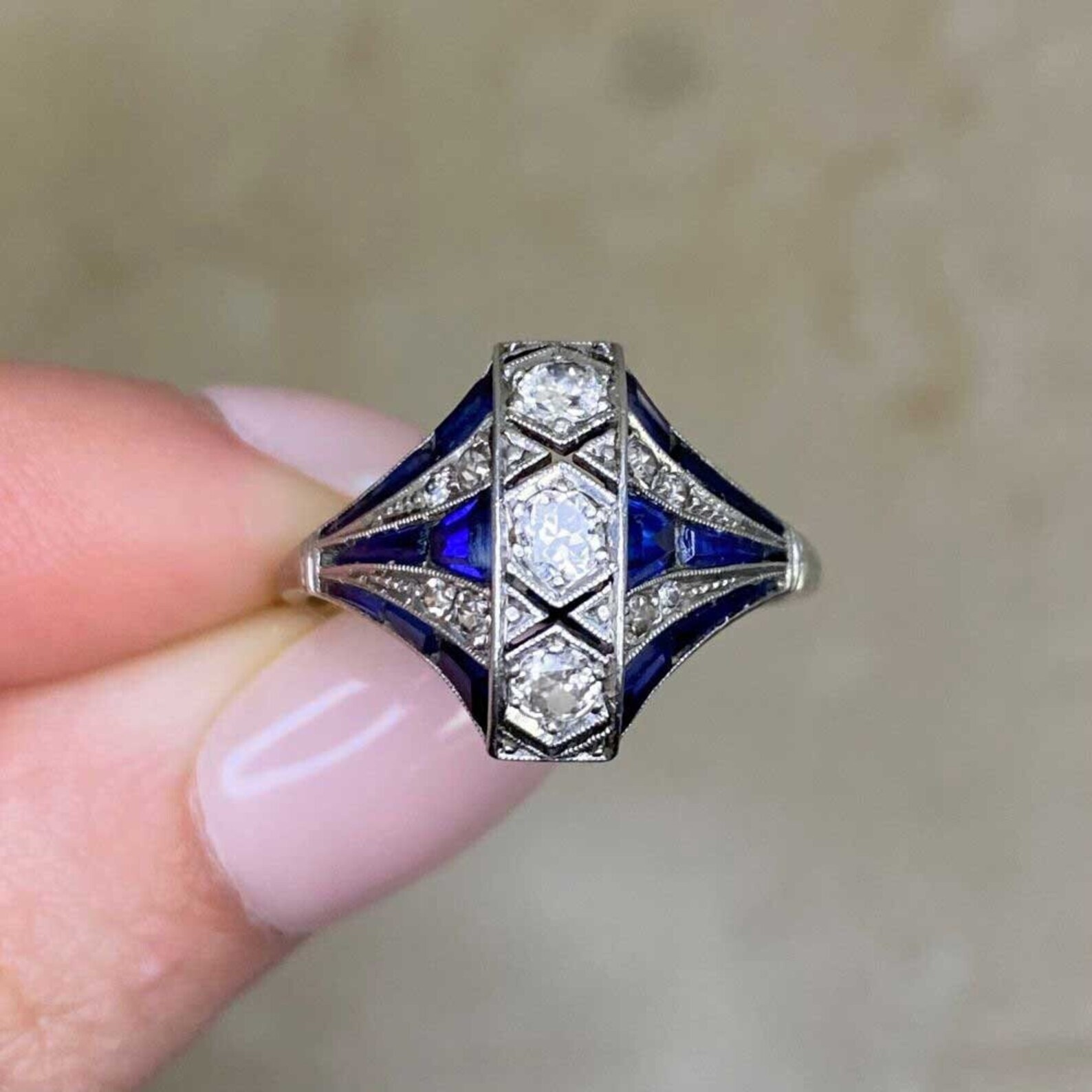 14K White Gold FN Art Deco Style Lab Created Diamond & Sapphire Engagement Ring