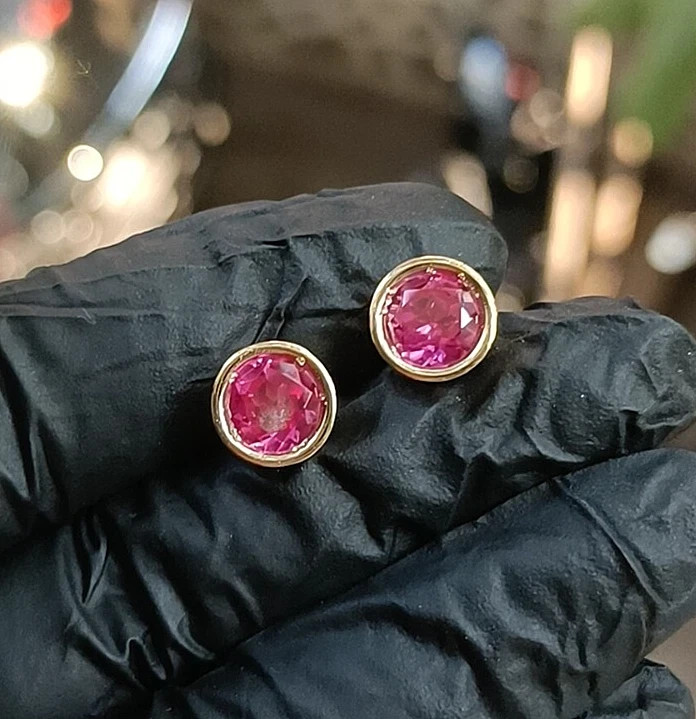 Lab Created Ruby Round Cut Everyday Use Stud Earrings In 14K Yellow Gold Plated