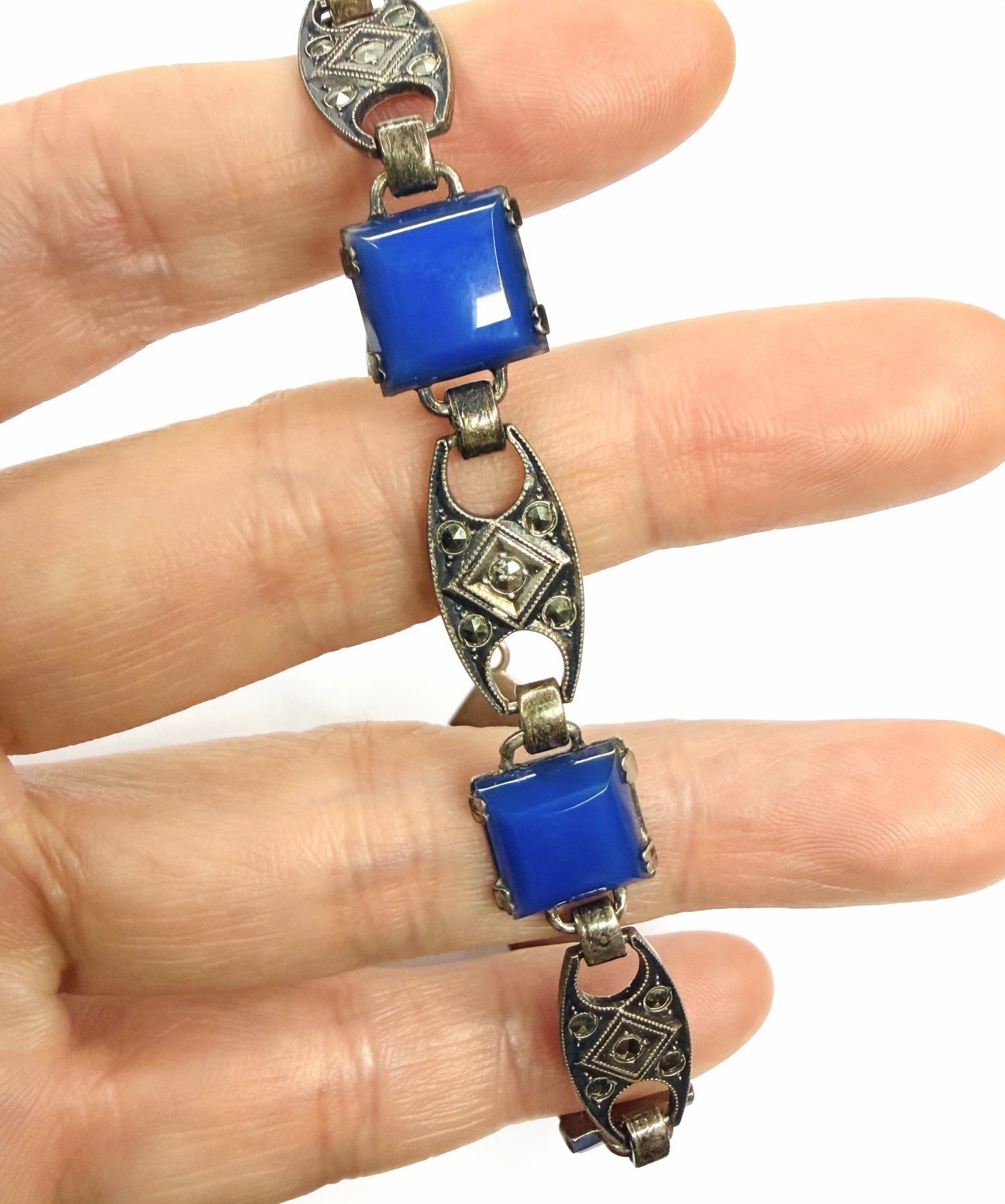 Rare Antique Art Deco Bracelet Blue Square Chalcedony Glass Beautiful Marcasite