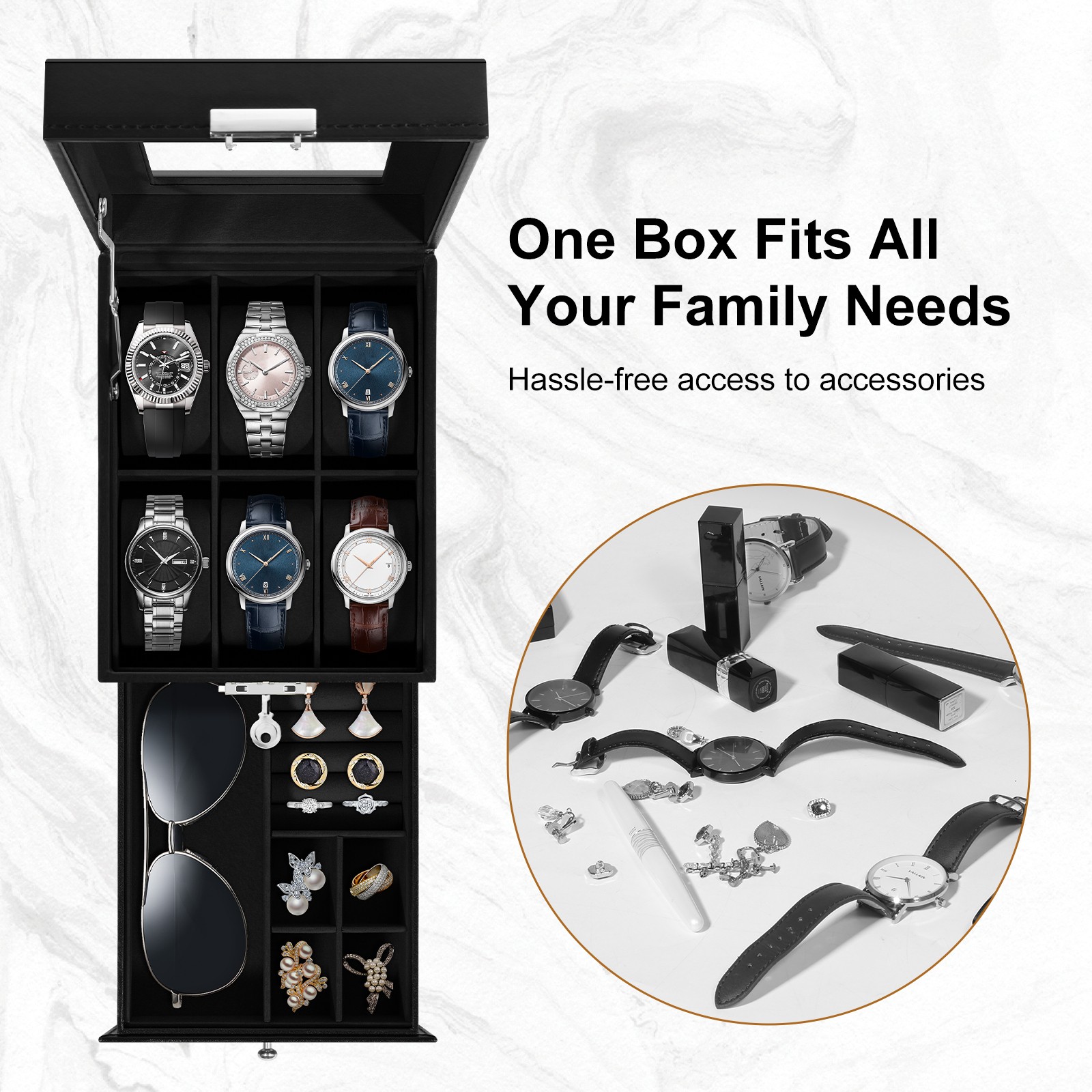 6 Slots Watch Box PU Leather Watch Case Jewelry Storage Glass Lid Display Case