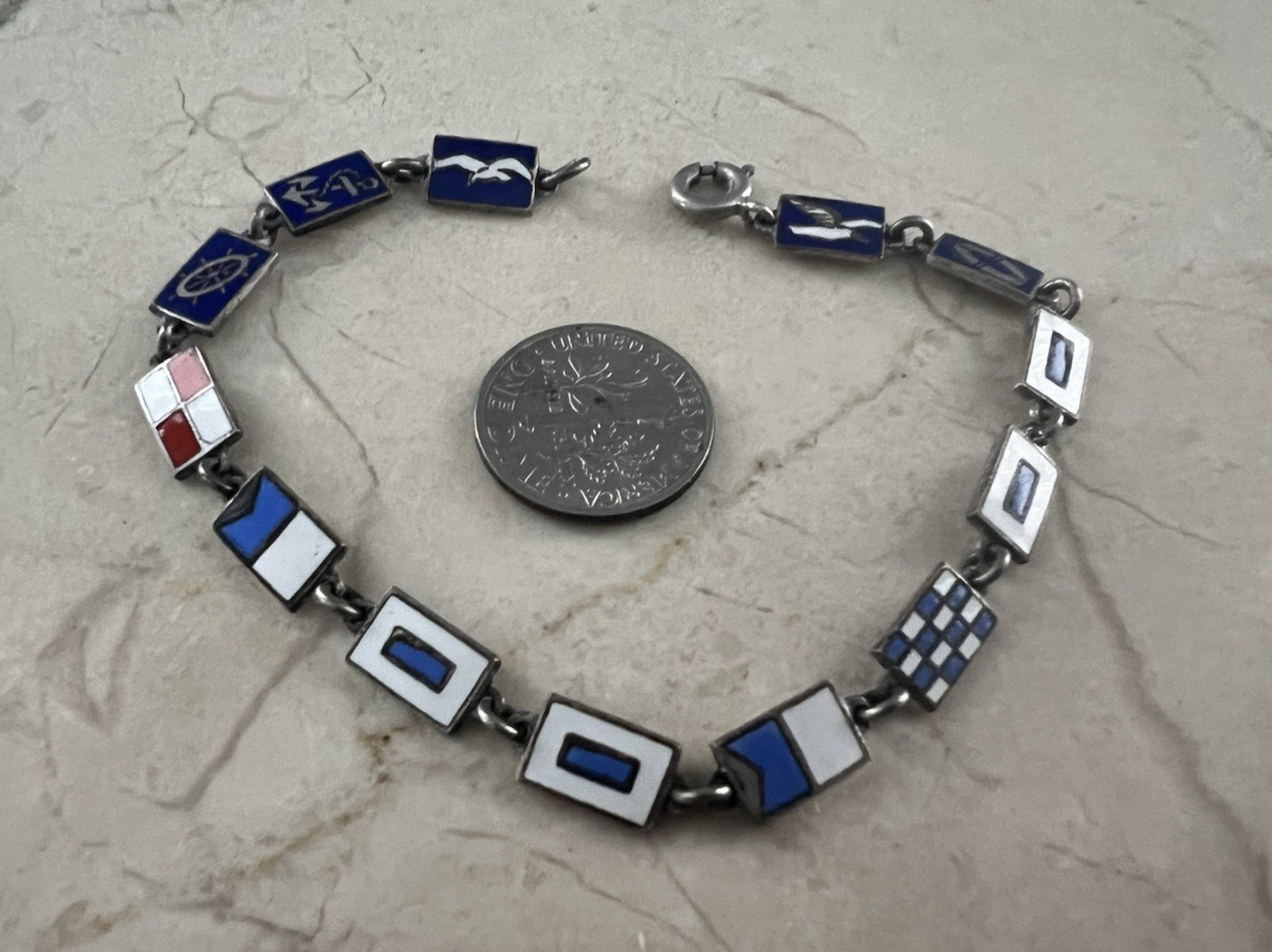 Vintage SS Nassau Enamel Flag Nautical Link Silver Bracelet Anchor Eagle