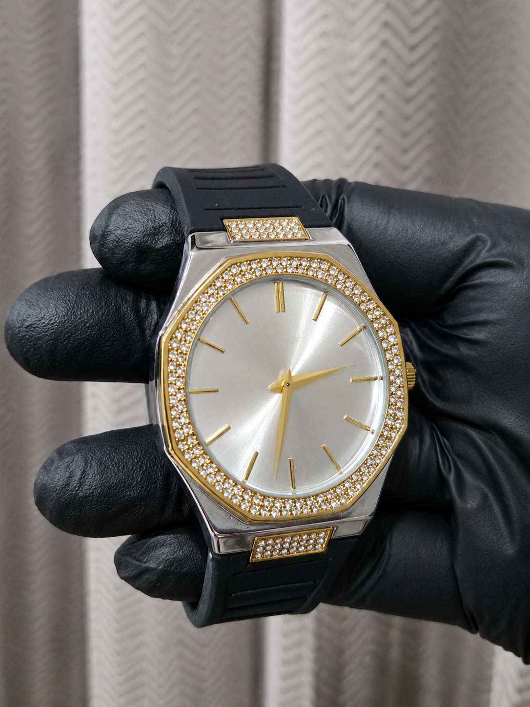 Men’s Diamond Style Silver Tone Watch Black Rubber Strap Quartz Analog