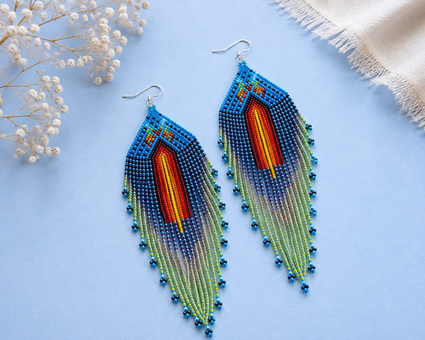 Handmade Seed Bead Fringe Earrings Long Tassel Boho Dangle Statement Jewelry.