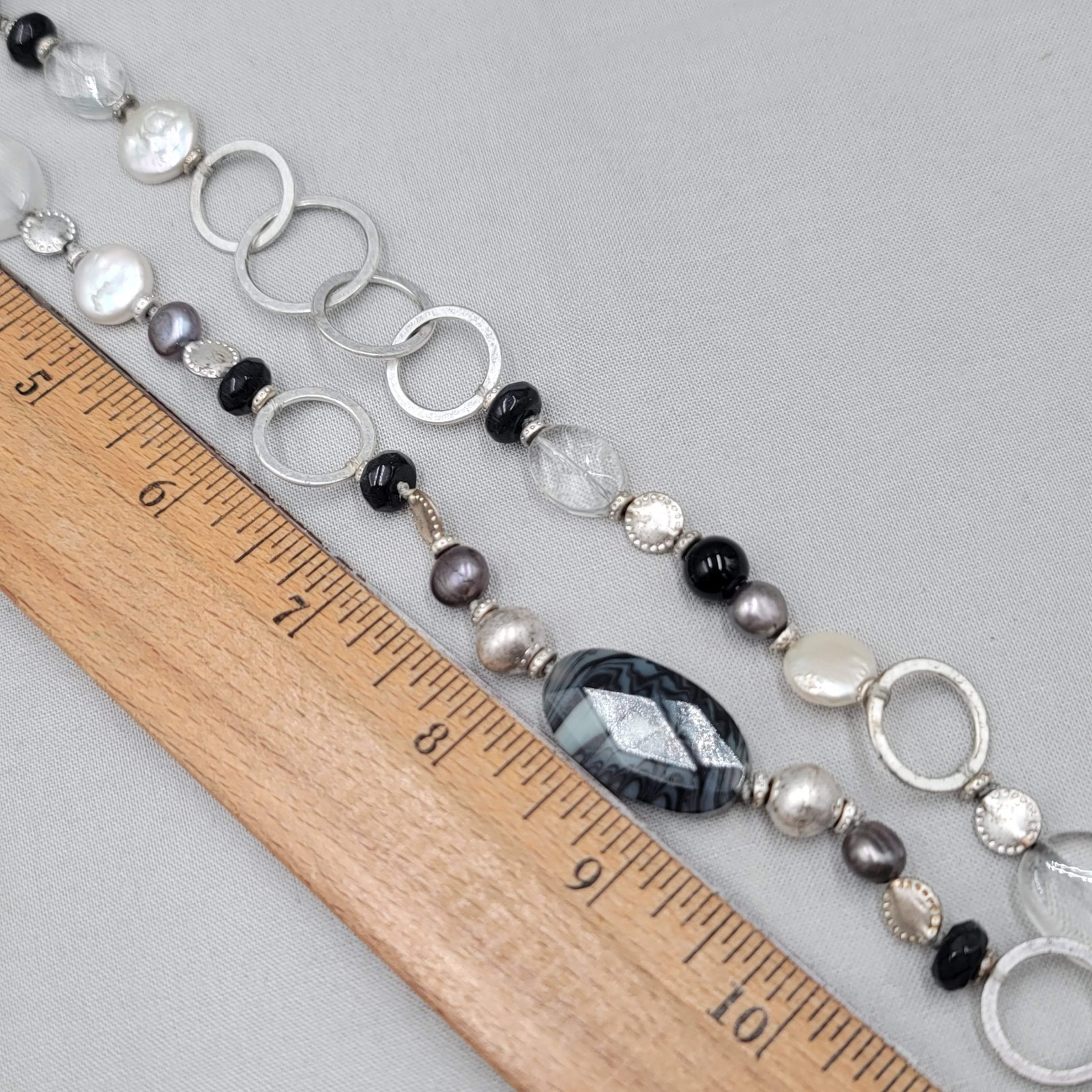 Black Gray White Beaded Necklace Silver tone Links Long 30 in