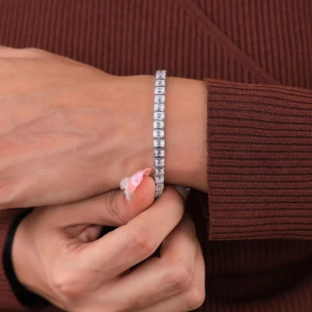 8Ct Emerald Cut Lab Created Diamond Tennis Bracelet 14K White Gold Plated