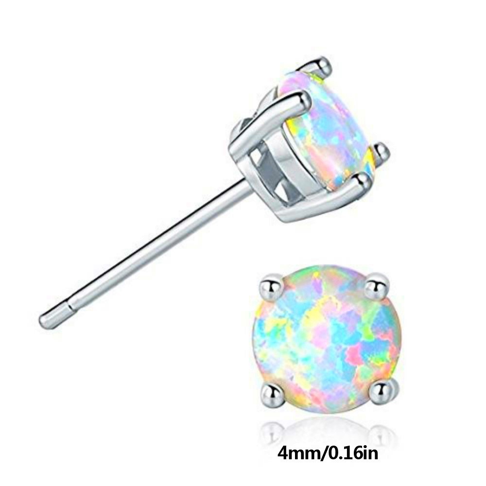 Round White Small Blue Fire Opal 925 Sterling Silver Stud Post Earrings 4mm PE19