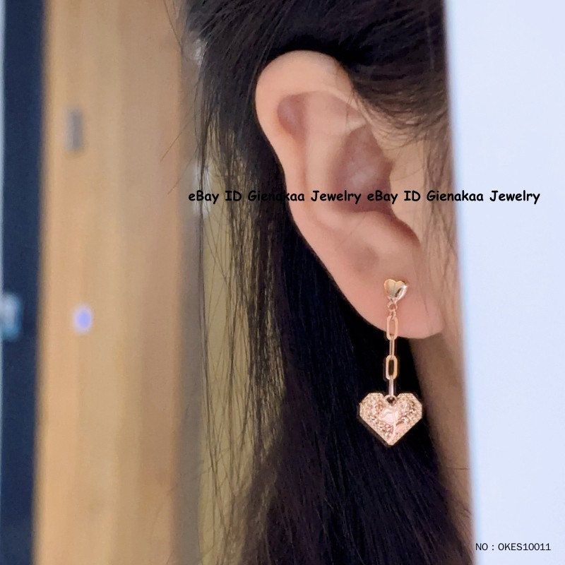 Real Au750 Pure 18K Rose Gold Lucky Carved Shiny Heart Dangle Earrings 2.2-2.3g