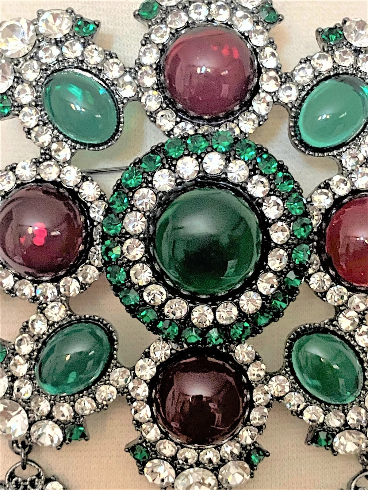 Signed Red, Green Glass Gripoix Style Cabochons, Rhinestones Large Pin Brooch 5″