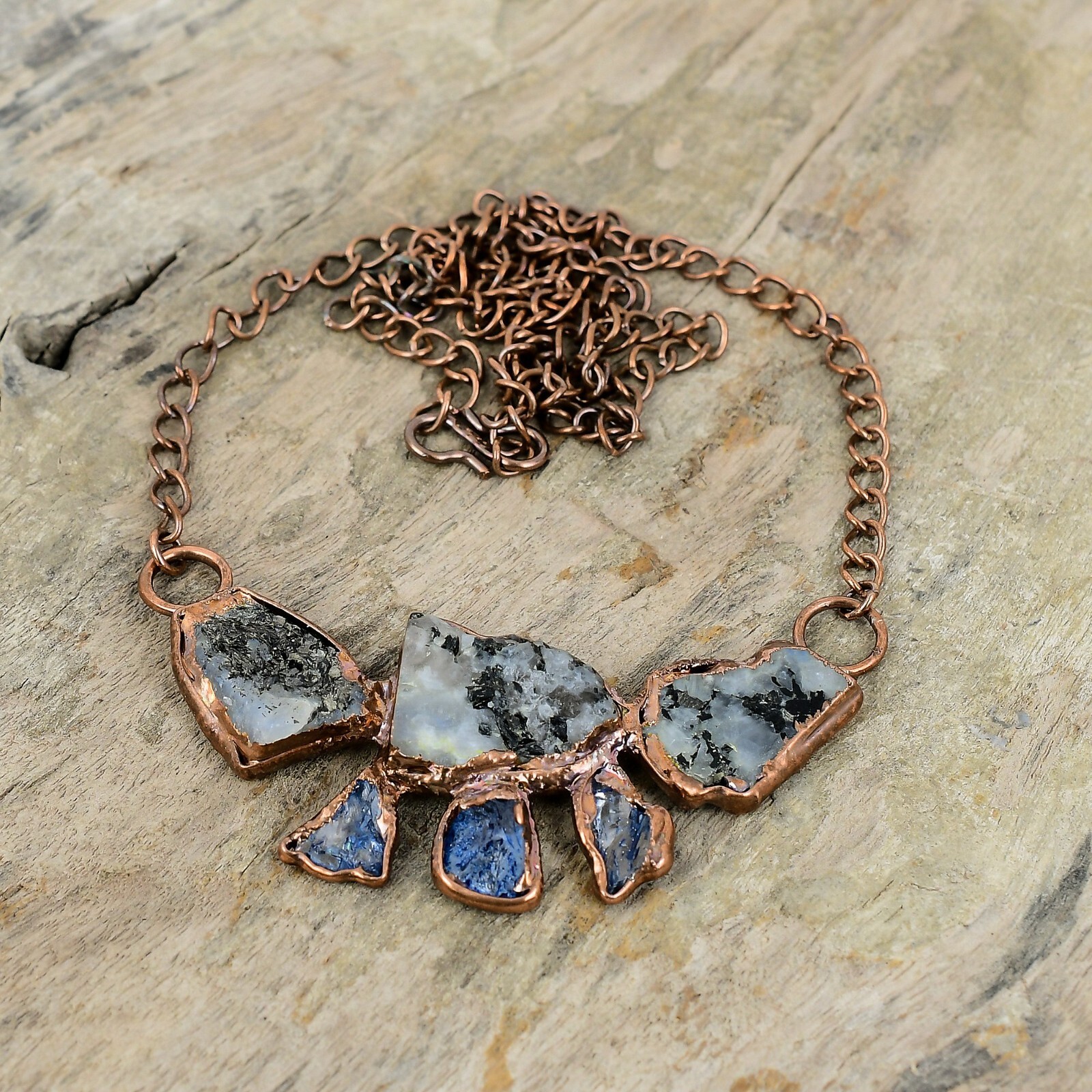 Rainbow Moonstone Rough Electroformed Chain Adjustable Necklace Copper 18.0″