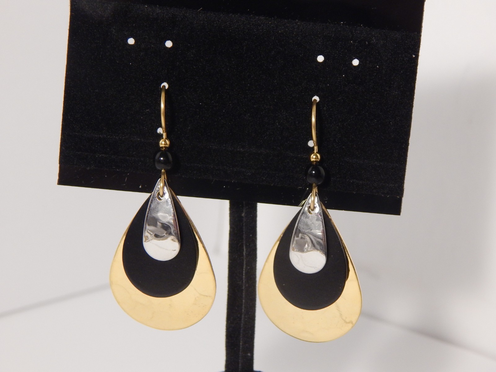 Triple Layered Textured Metal Teardrop Fashion Earrings Gold, Silver and black