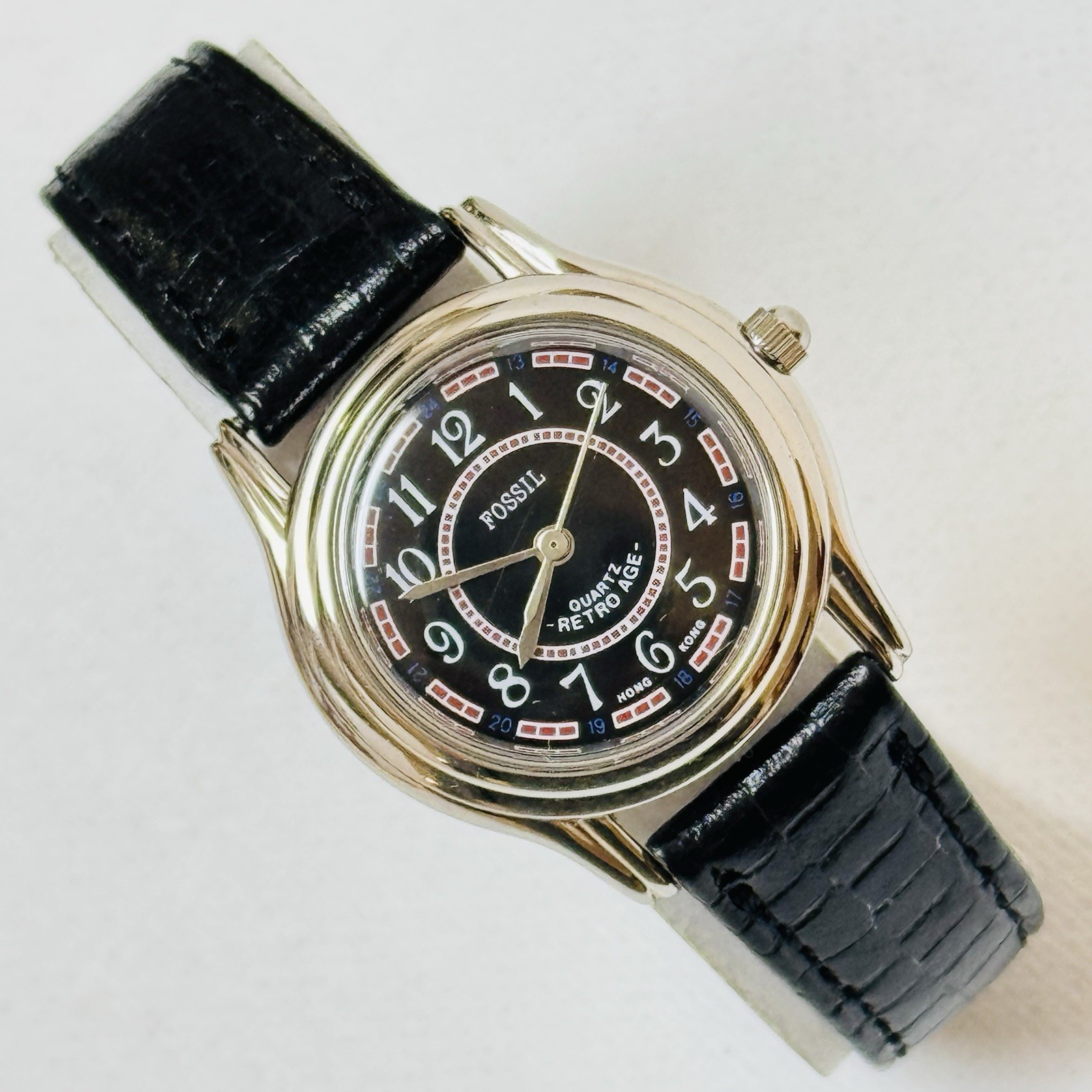 Rare Vintage Fossil Palermo Retro Age Women’s Watch Silver Black Dial Leather