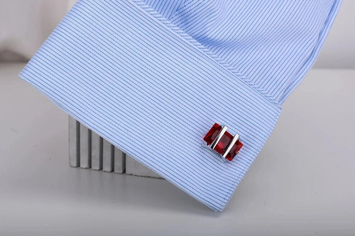 3Ct Emerald Cut Lab-Created Red Ruby Men’s Formal Cufflink 14K White Gold Finish