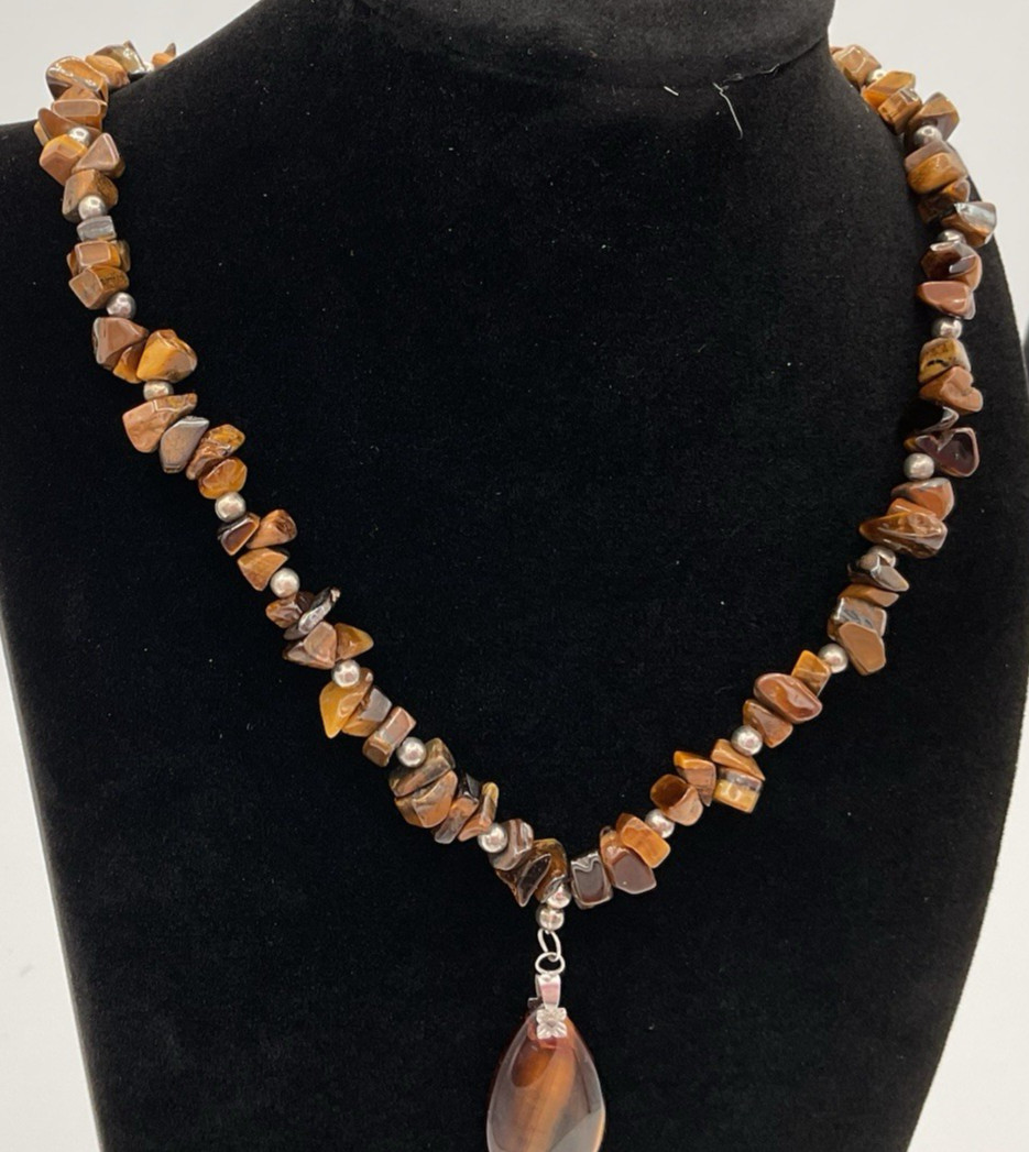 Tiger Eye Stone Necklace 17″ And Pendant 43.3g NICE Fast Free Shipping!
