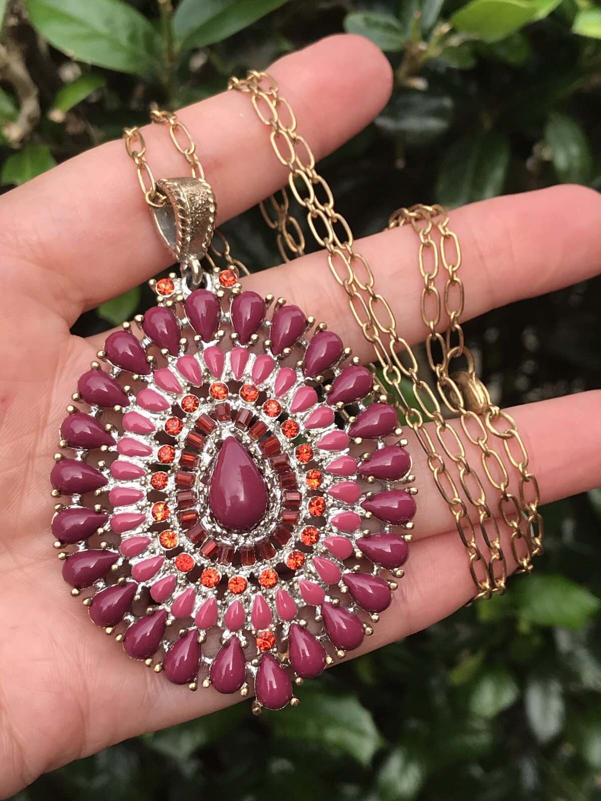 Vintage Red Burgundy Stones Gold Tone Pendant Necklace