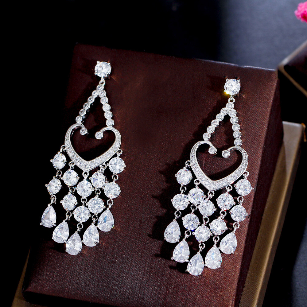 Dazzling Cubic Zirconia CZ Silver Plated Long Dangly Tassel Drop Wedding Earring