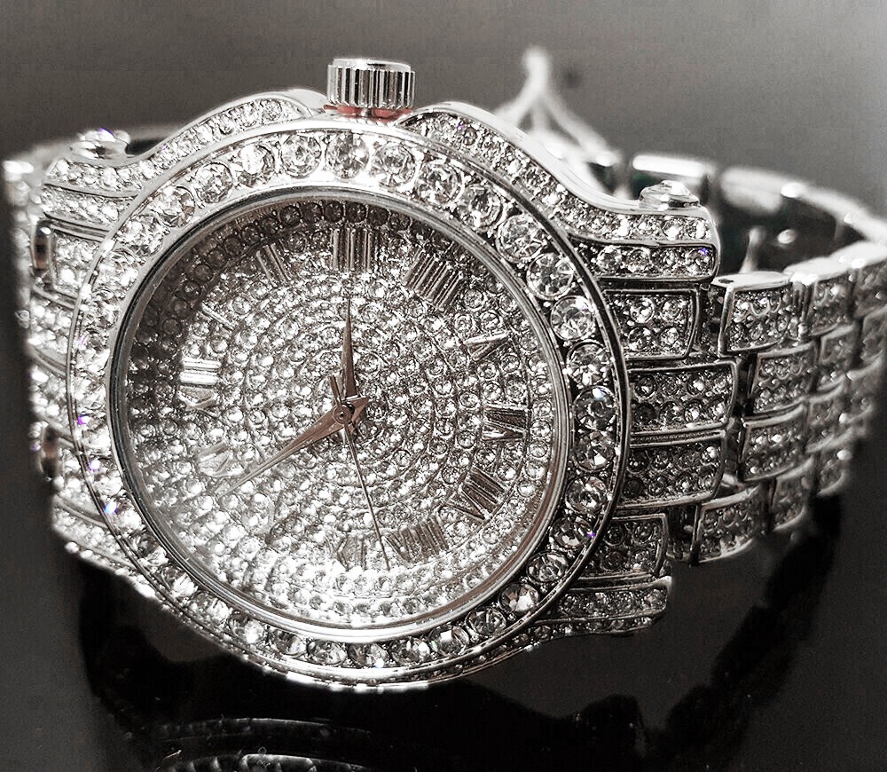 Men Hip Hop Icy Iced Silver Plated Alloy Bling Cubic Zirconia Bling Luxury Watch