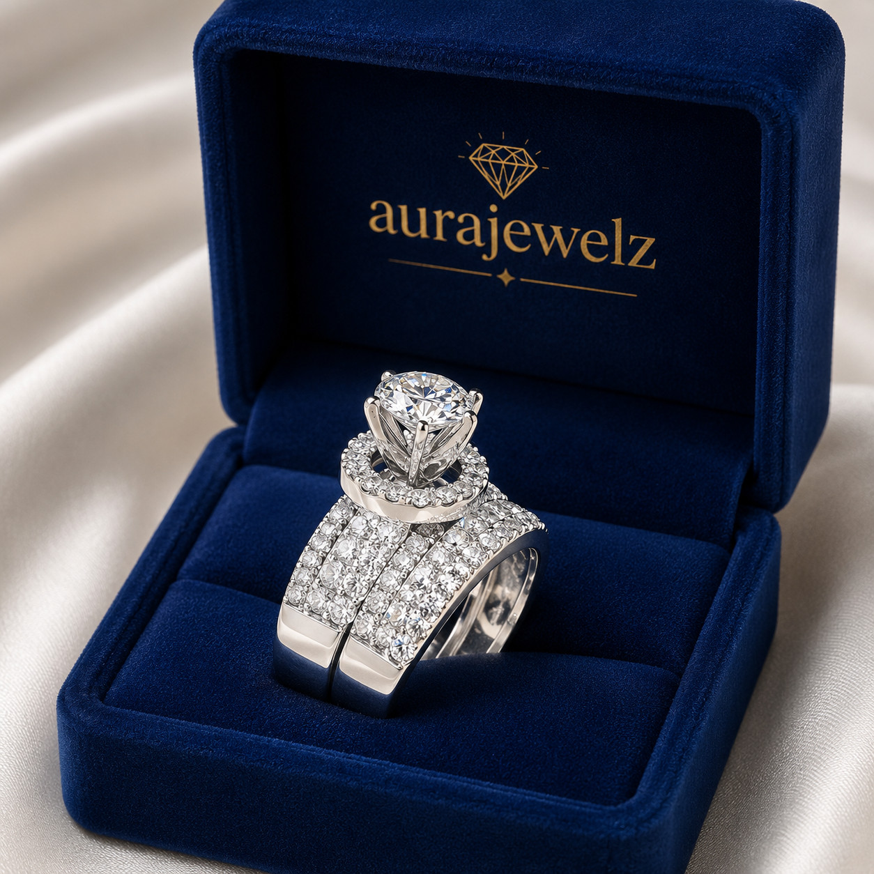Round Cut Band 3TCW Moissanite Wedding Ring 14k White Gold Plated Bridal Set