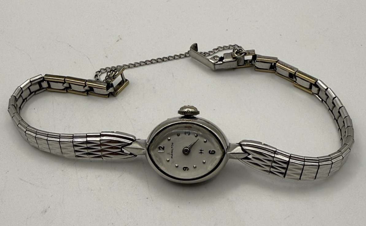 Hamilton 730 17J Ladies Cocktail Watch 10K RGP White Gold 1955 – 61 Working USA