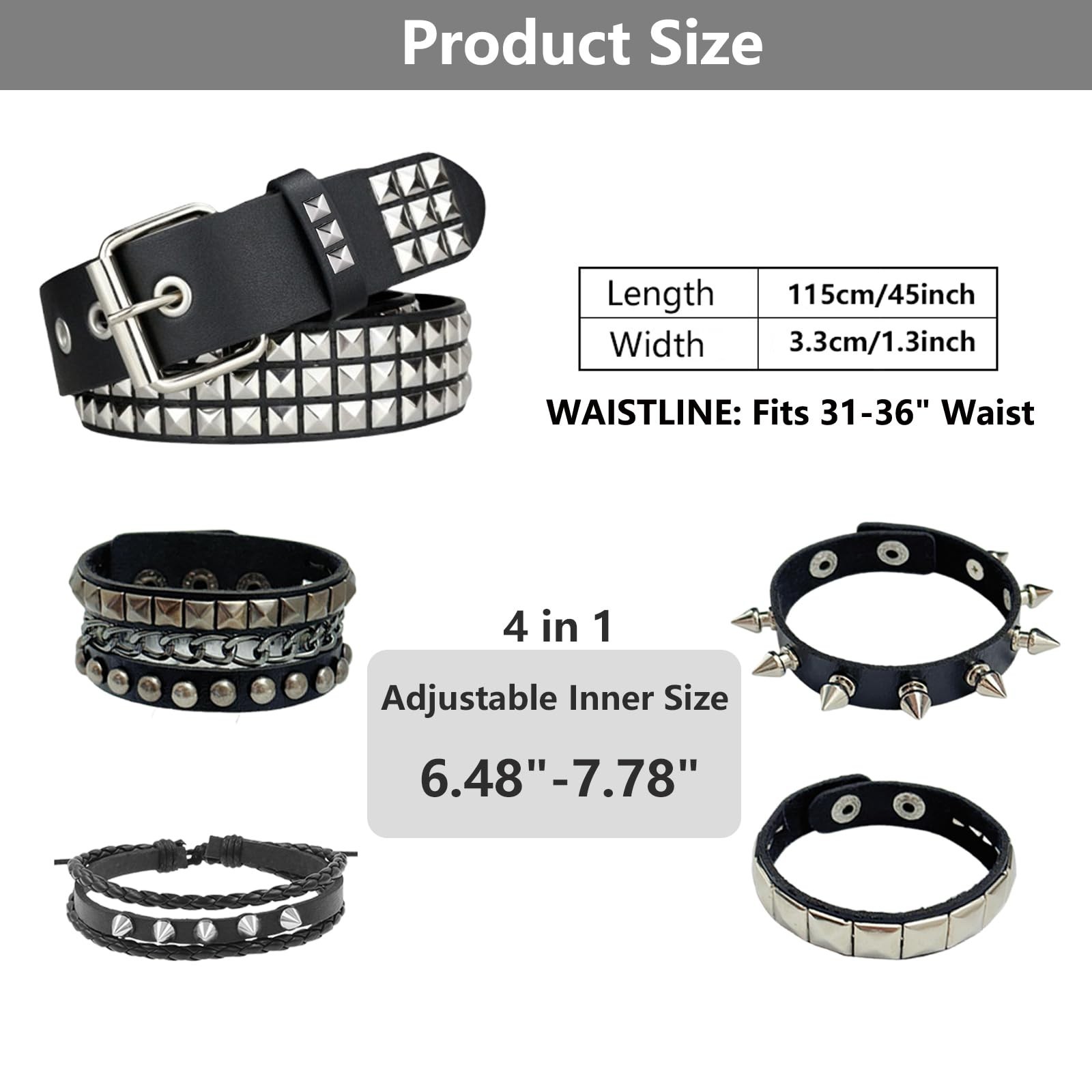 Black Studded Belt wit 4 Punk Spike Bracelets Goth Rock PU Leather Accessory Set
