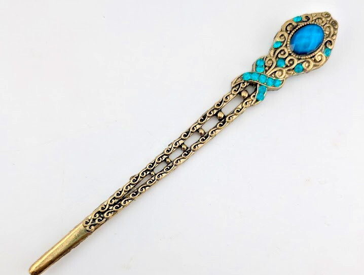 GOLDTONE & AQUA BLUE “CRYSTAL” HAIR STICK metal kanzashi bun french twist pin G6