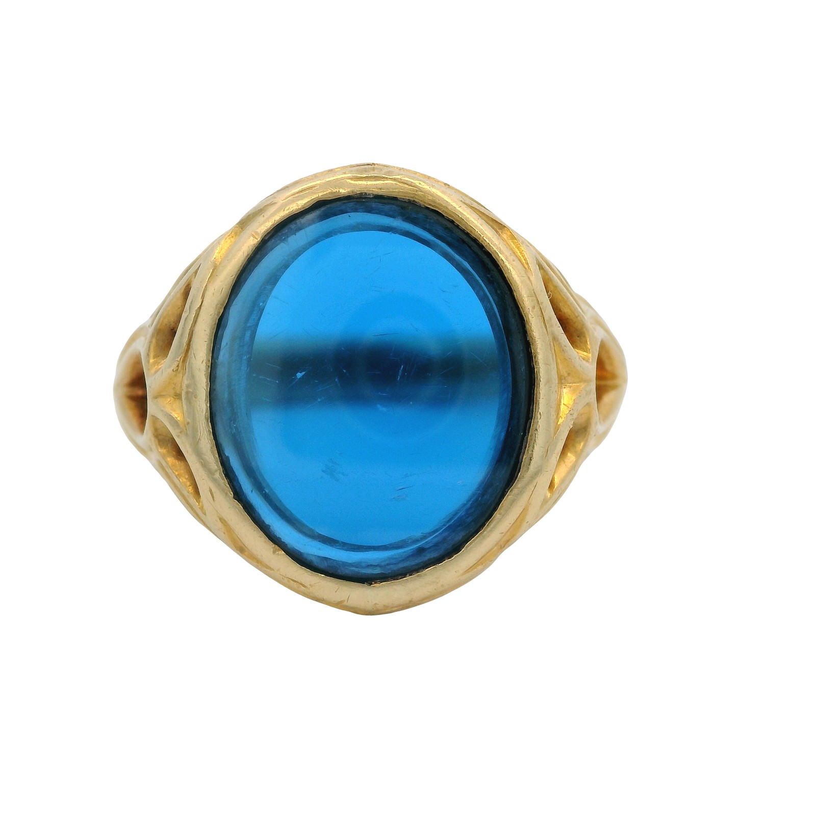 Vintage 1980s 14kt Yellow Gold Etruscan Style Ring with Blue Lab Spinel Size 10