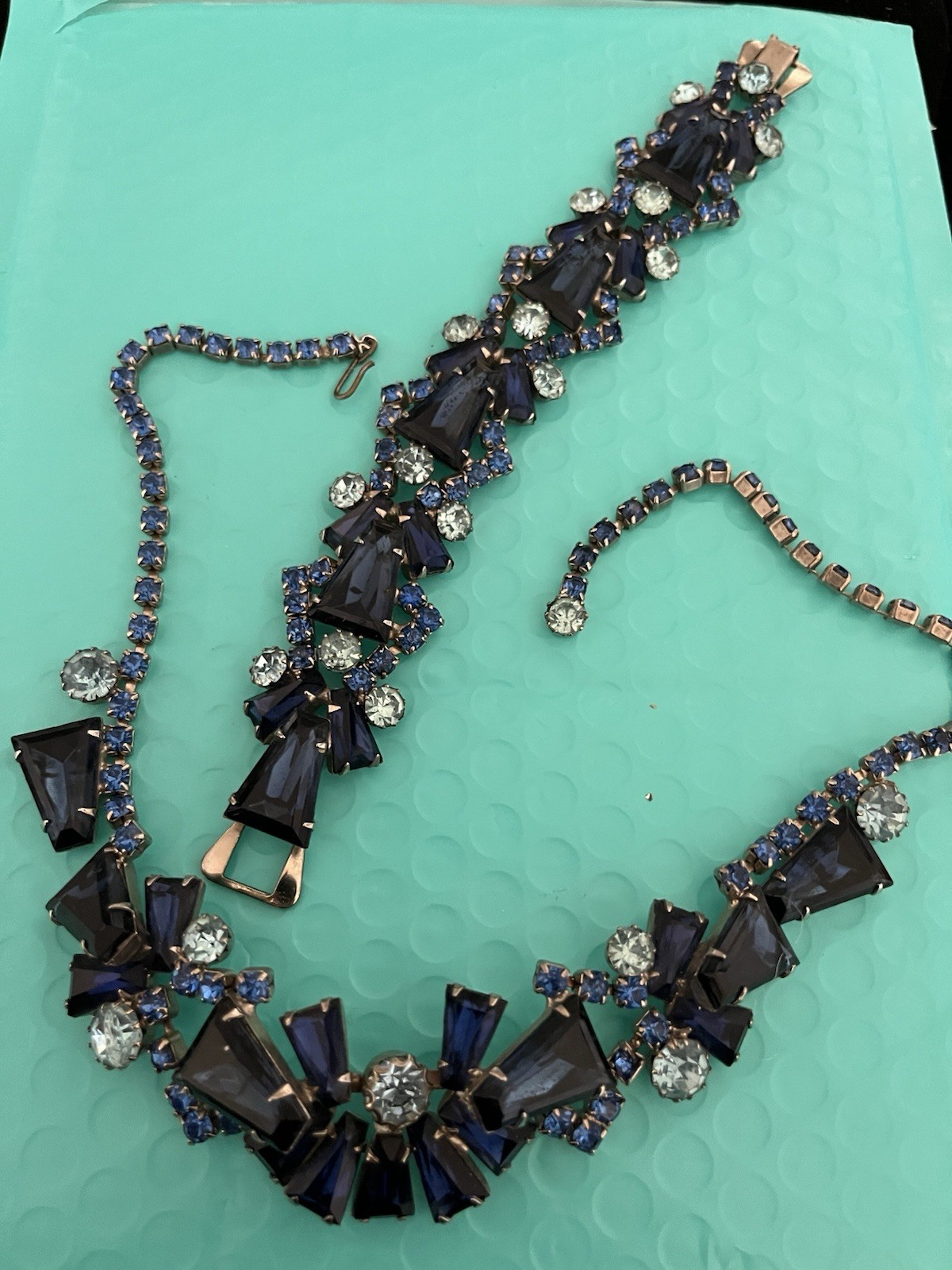 Sherman Vintage Necklace & Bracelet In Shades Of Blue Rhinestones Unsigned