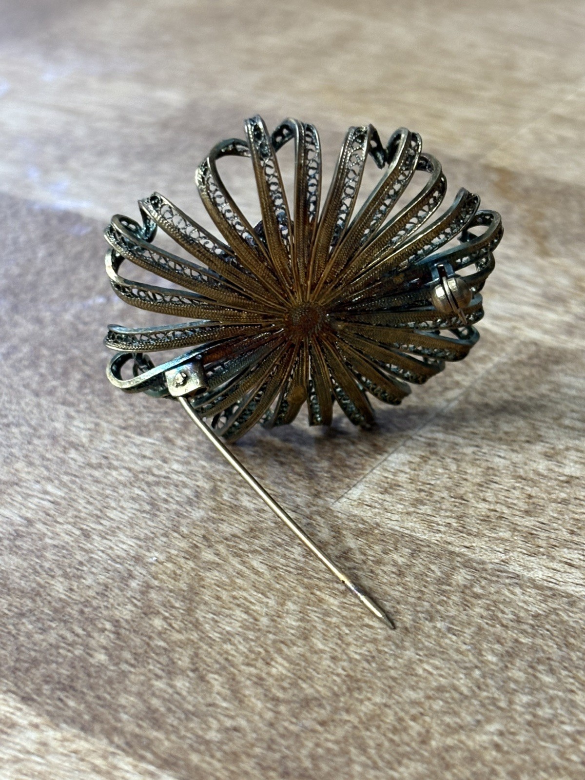 Antique Filigree Flower Brooch w/ Beautifully Toned Silver for Iridescent Color