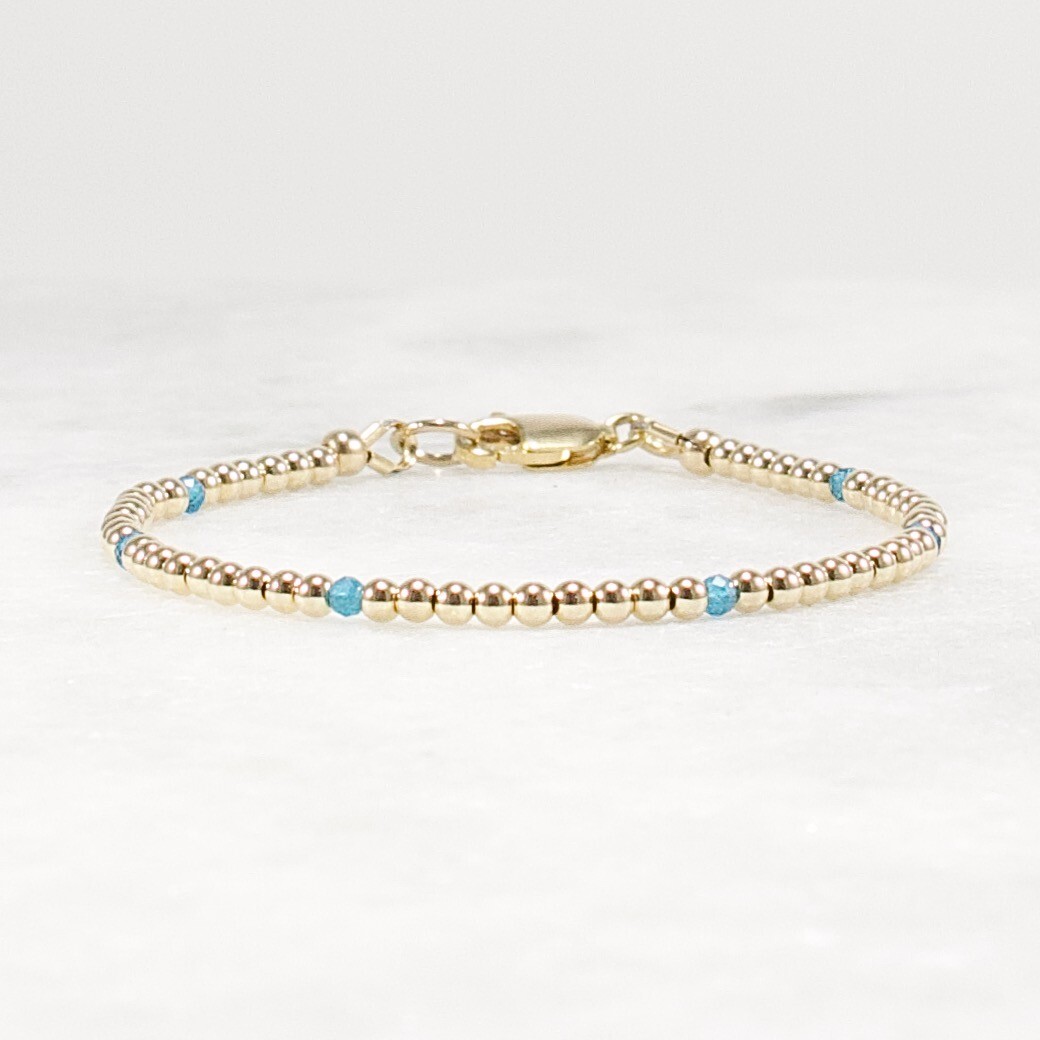Gold and Apatite Beaded Bracelet, 14k Gold Filled, Neon Blue Apatite