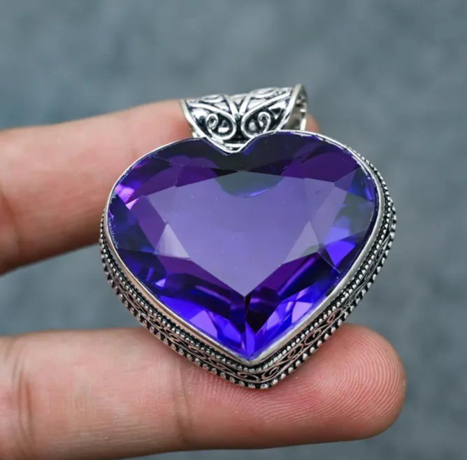 Amethyst Gemstone Heart Pendant: Handmade 925 Sterling Silver Designer Jewelry