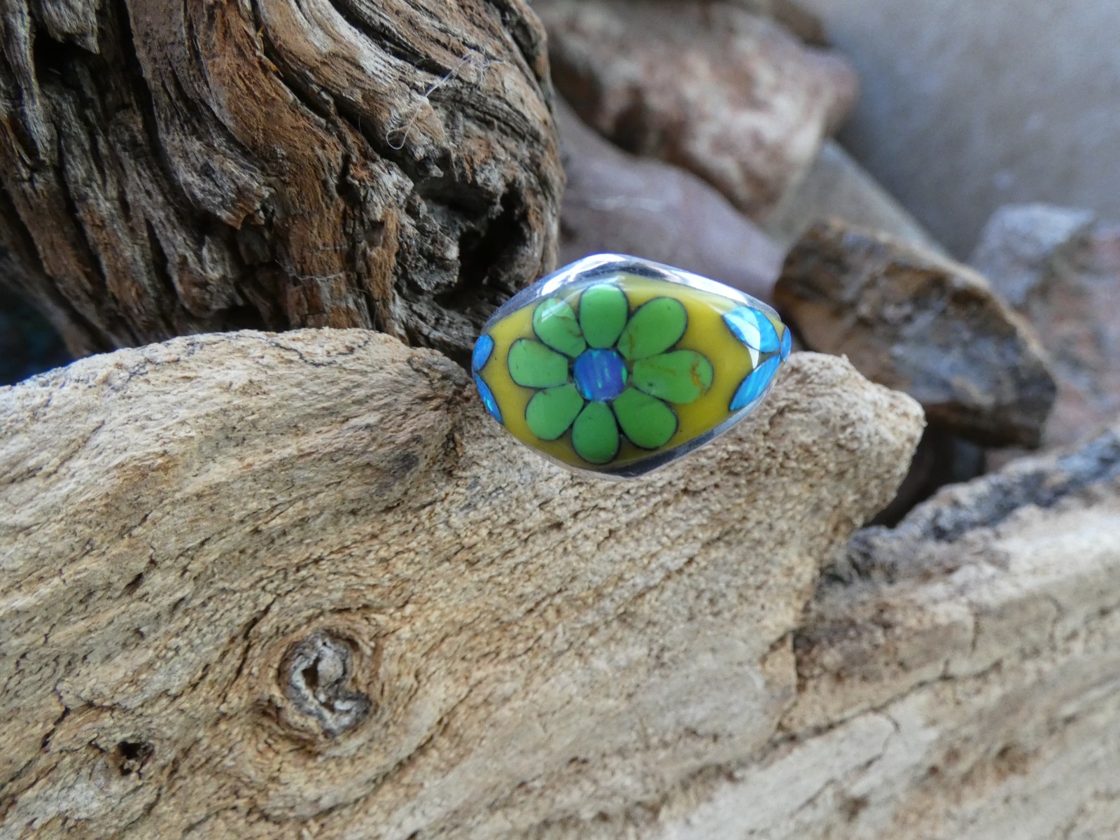 Gaspeite Flower Gemstone Opal Aluminum Sterling Silver Alloy Size 10 Ring AS73