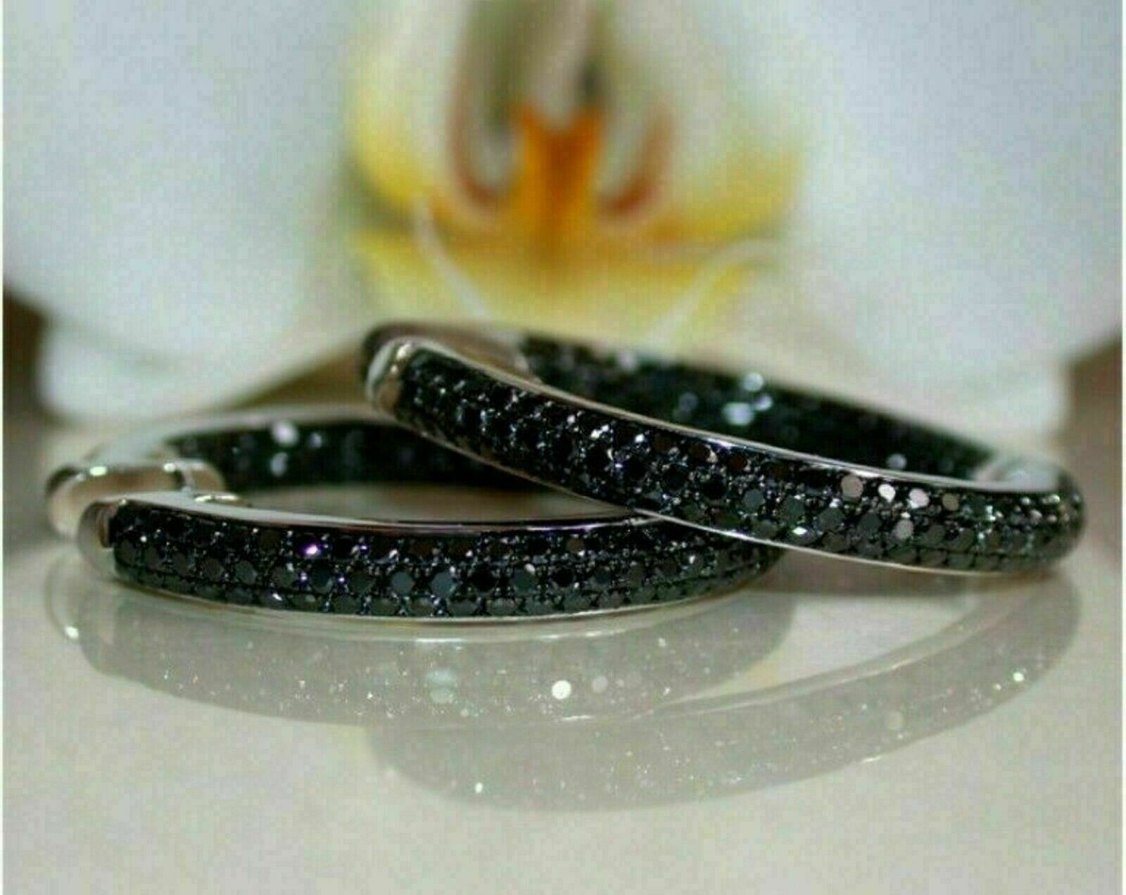 1.50Ct Lab Created Round Cut Black Diamond Hoop Earrings 14K White Gold Finish