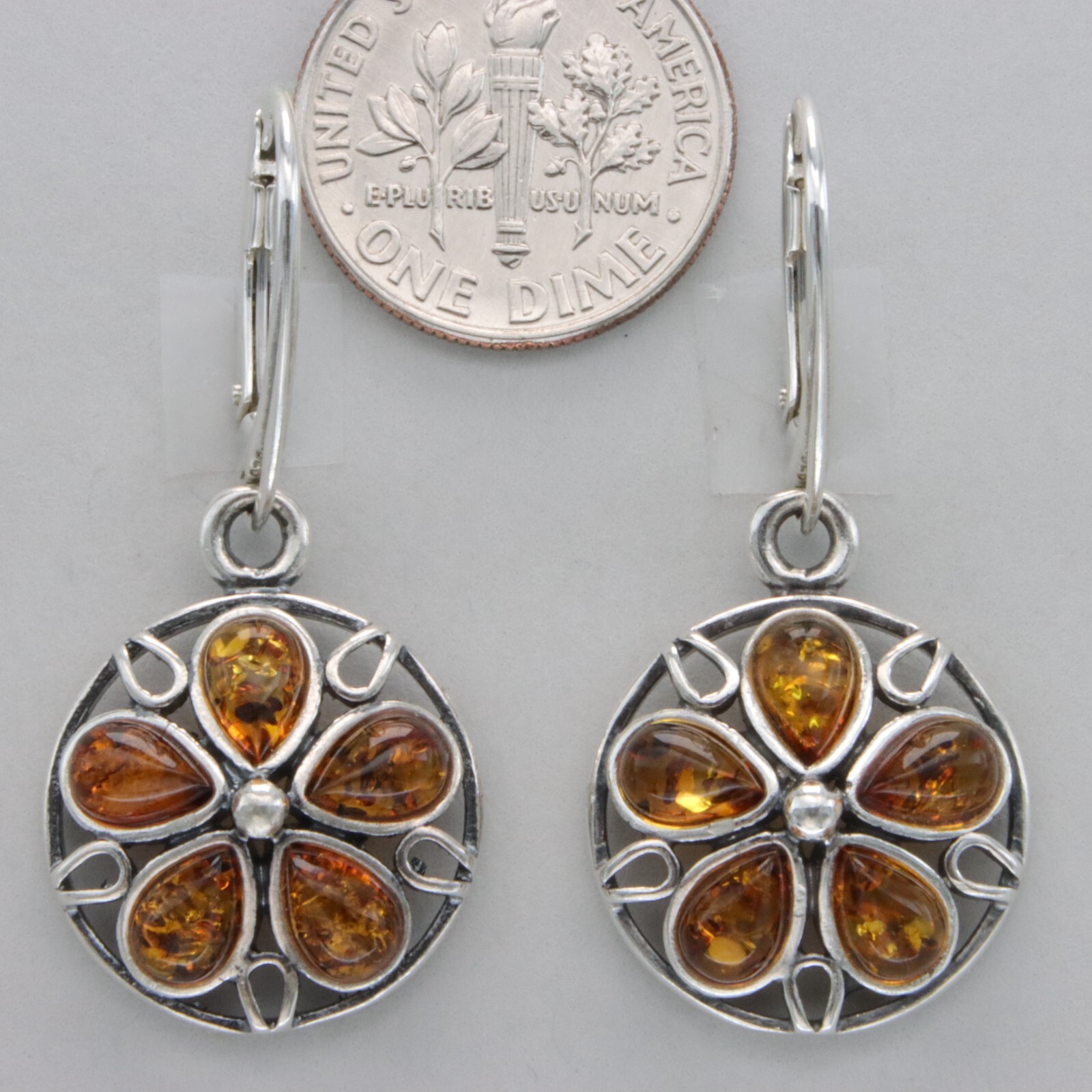 Cognac / Brown BALTIC AMBER Flower Leveback Earrings 925 STERLING SILVER #1666