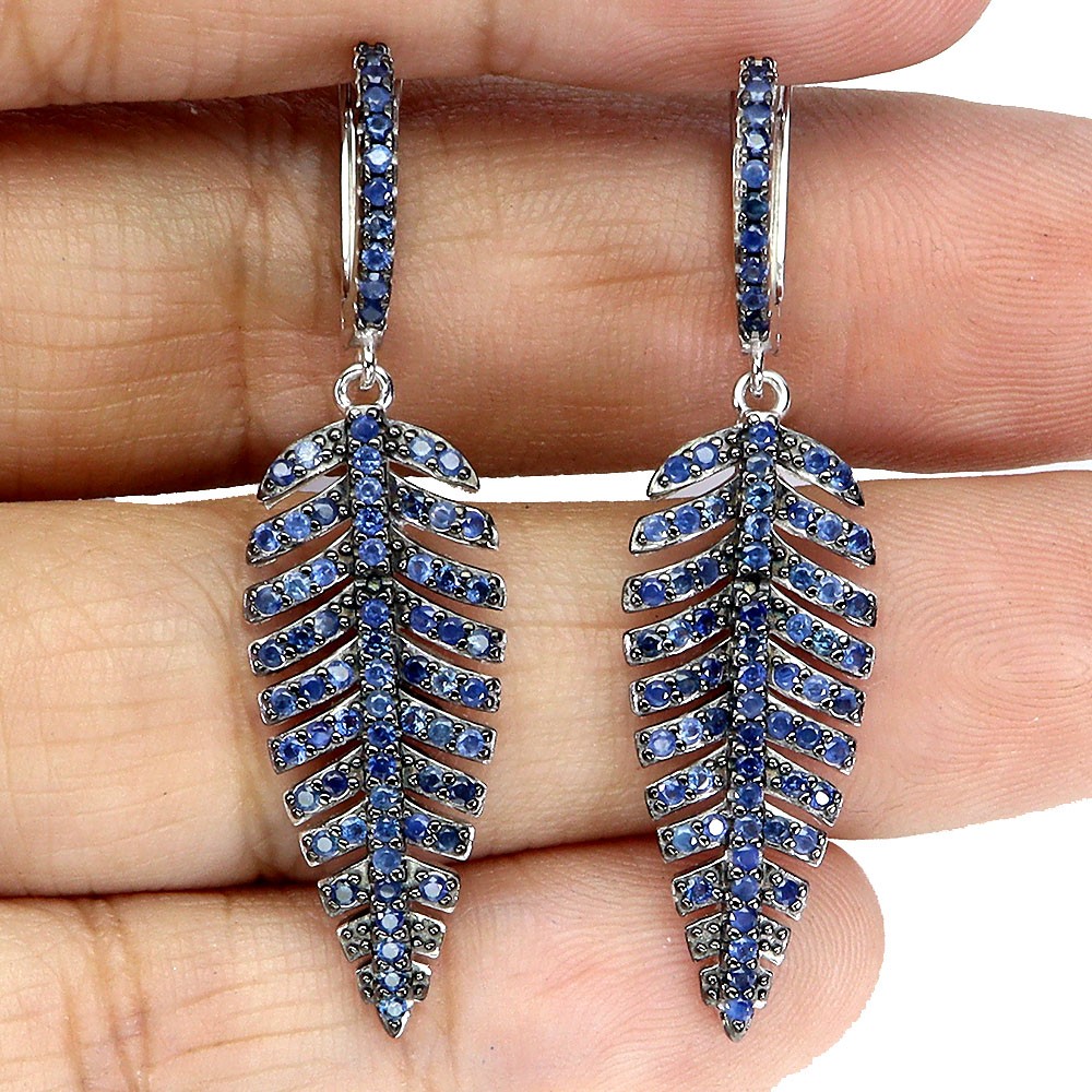 925 Sterling Silver Earrings Blue Sapphire Round Diamond Cut Gemstone Jewelry