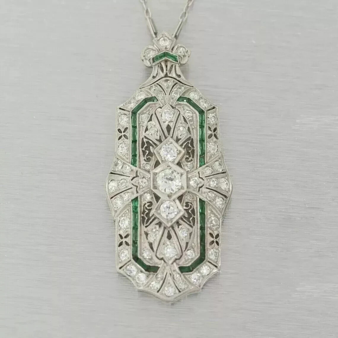 Vintage Style lab Created Diamond Emerald Wedding Pendant 14k White Gold Finish