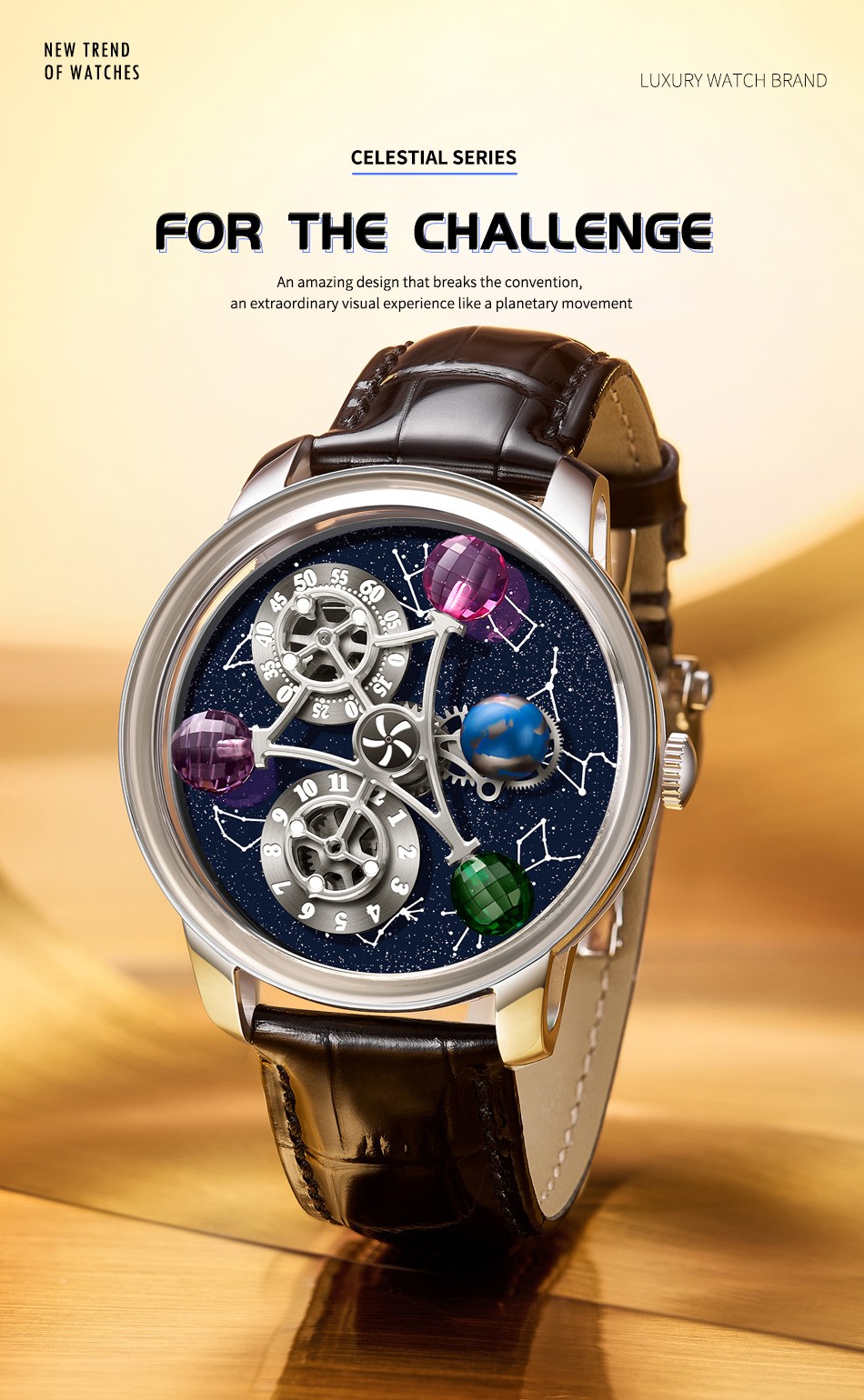 ‌PINDU Men’s Automatic Mechanical Watch Waterproof Leather Strap Unique Starry