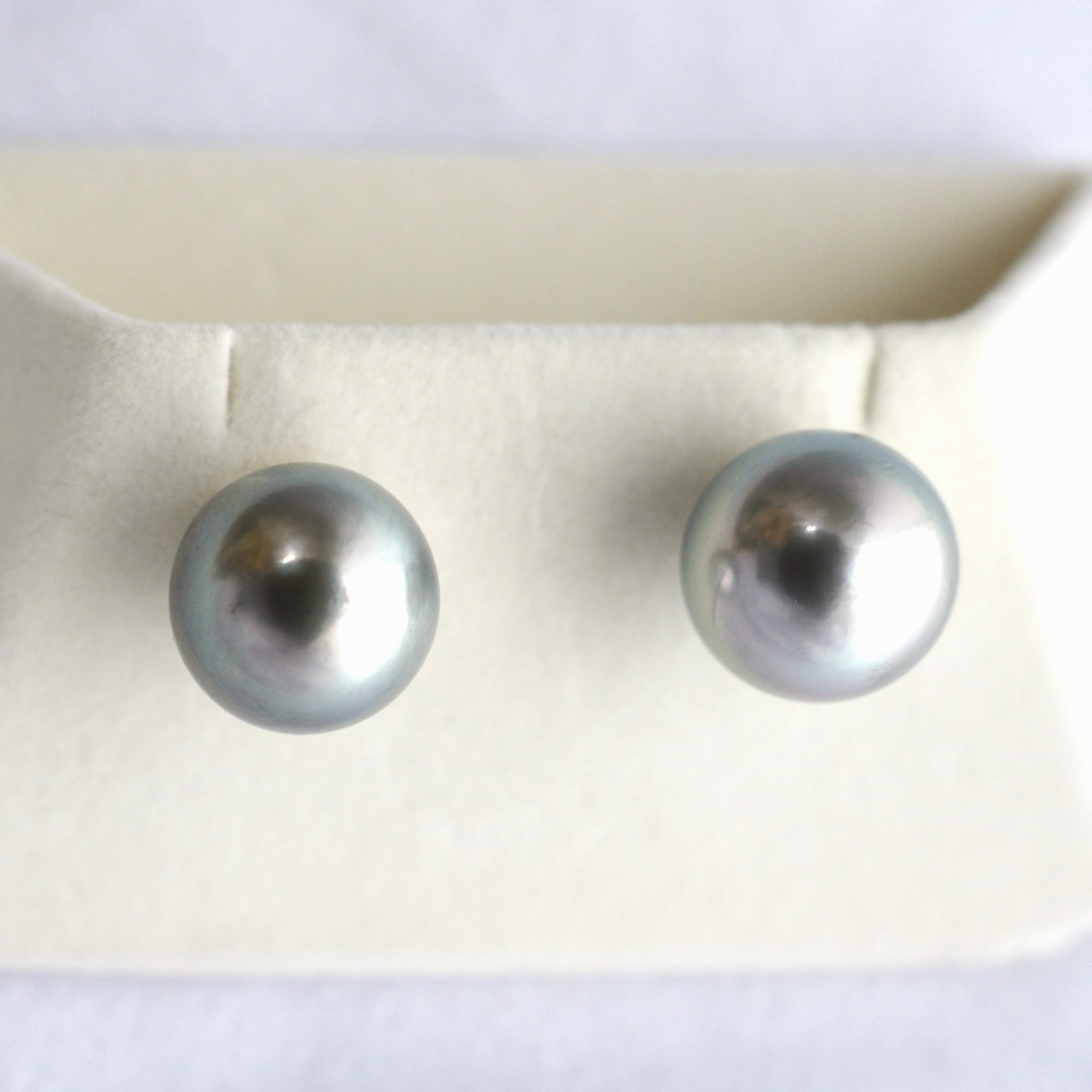 Big 12.2-12.4mm Round Silver Tahitian Pearl Stud Earrings 18k Solid Yellow Gold