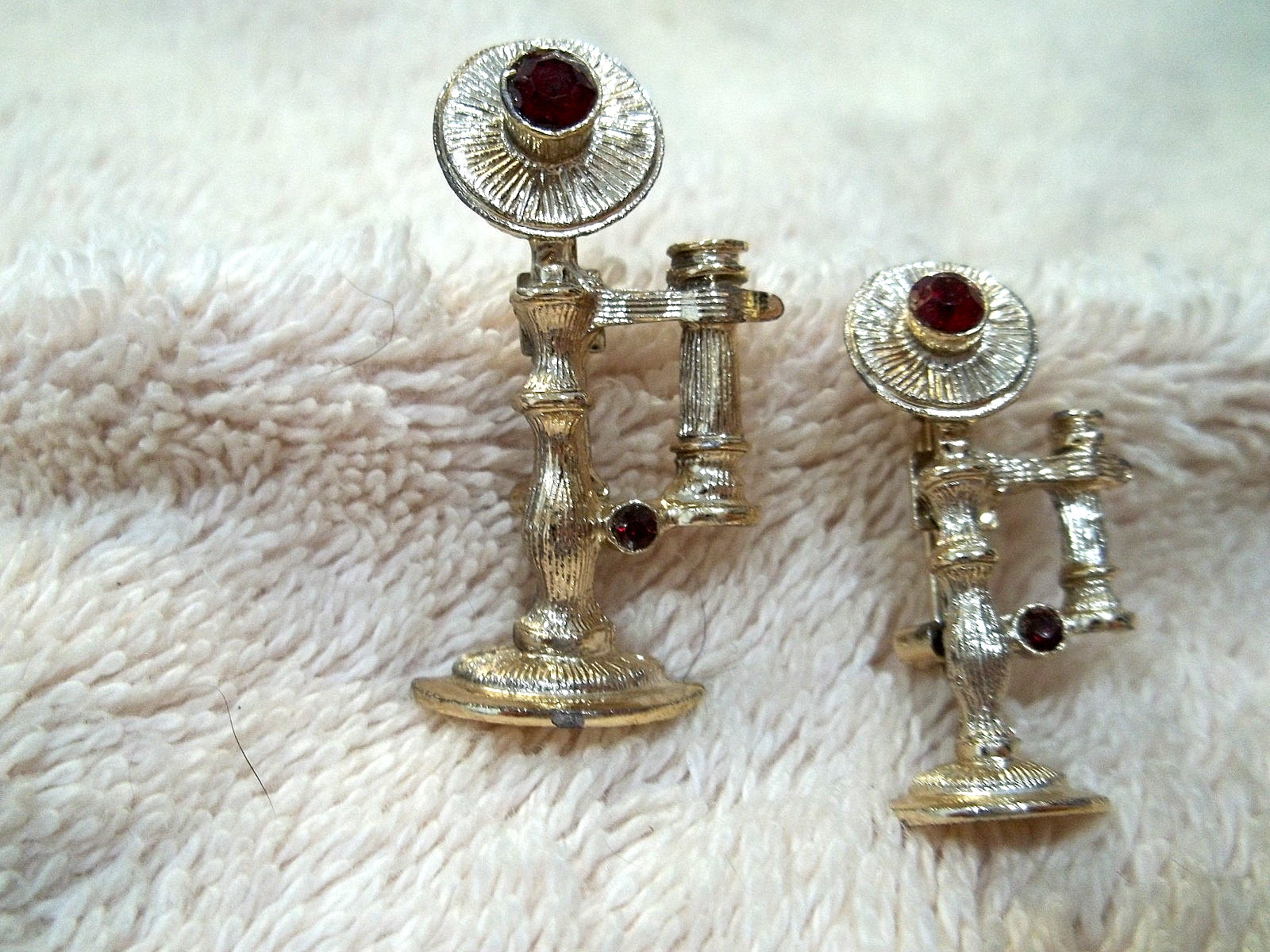 Vintage GERRY’S Telephone Pins, 2 Sizes, Gold Tone Metal, Red Crystals