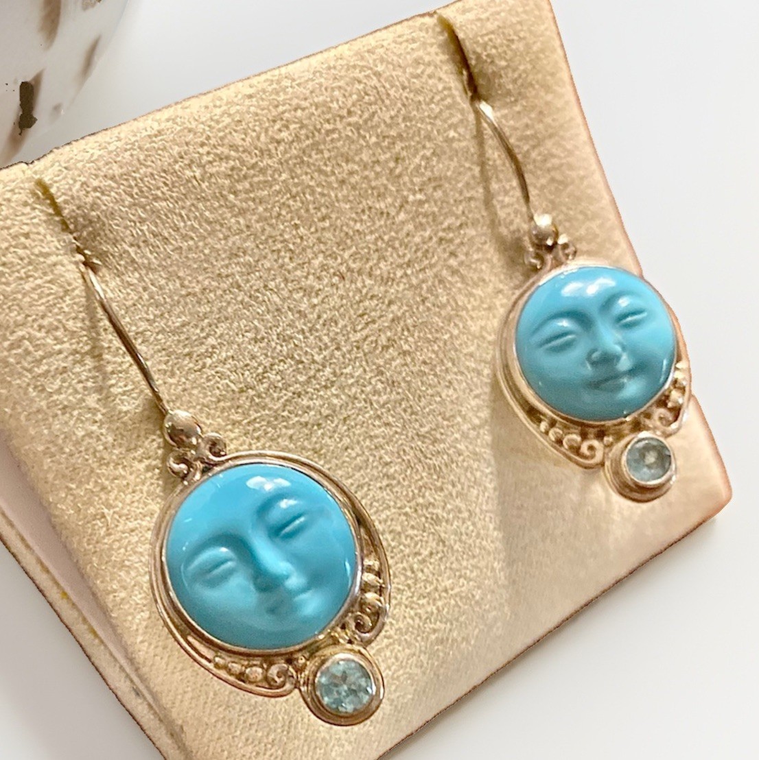 Sajen 925 Sterling Silver Carved Turquoise, Aquamarine Accent Moon Face Earrings